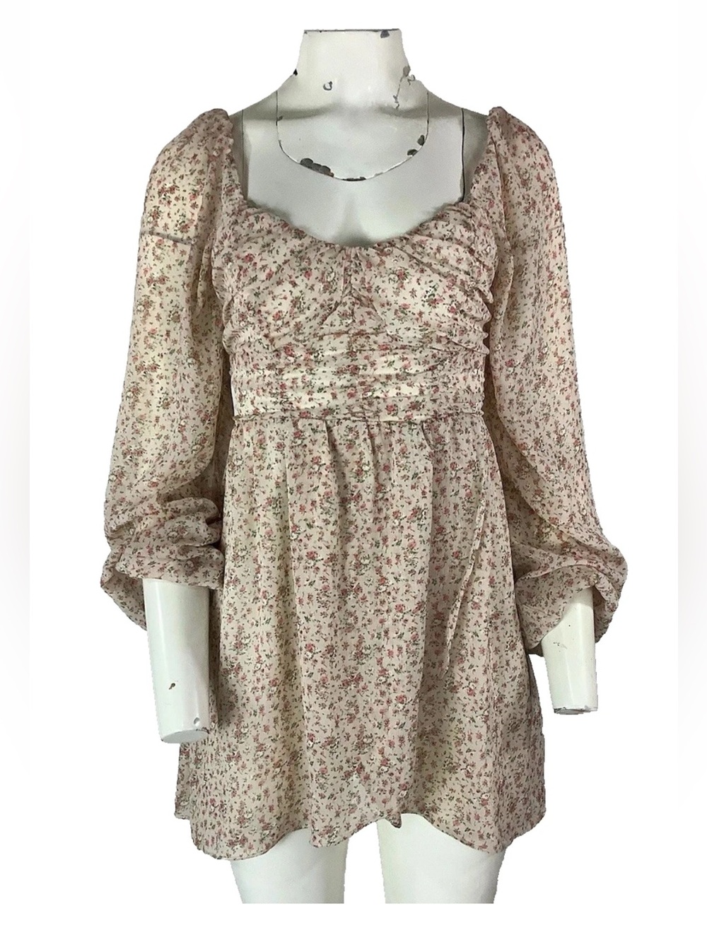 Altar'd State Sz S Floral Ruched Chiffon Peasant Boho Fairy Mini Dress Pink